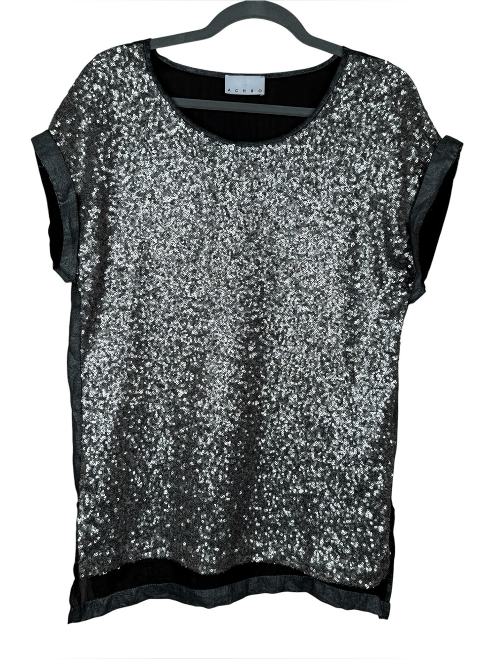 ACHRO Charcoal Gray And Silver Sequined Cap Sleeve Popover Blouse Size L